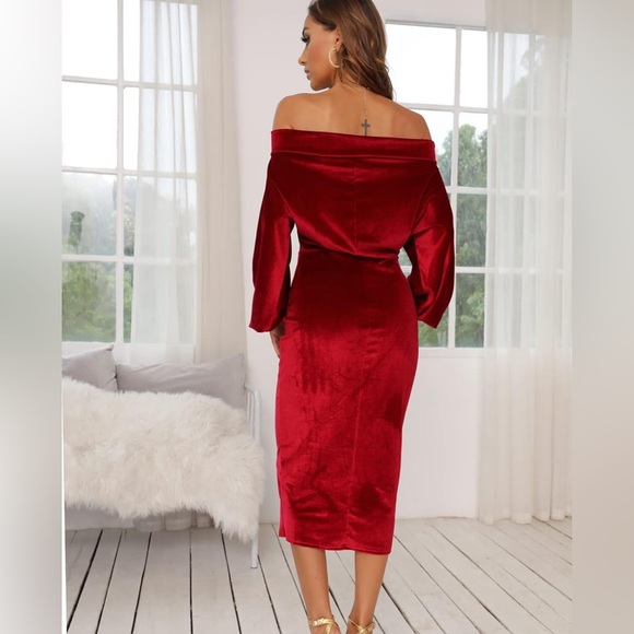 Velvet long sleeve midi dress (Wine Red) - Picture 3 of 5